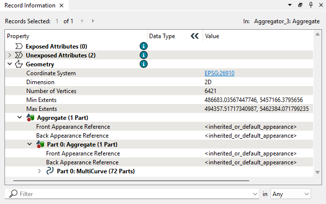 Further nesting of geometry with the Aggregator, seen in the Record Information Window